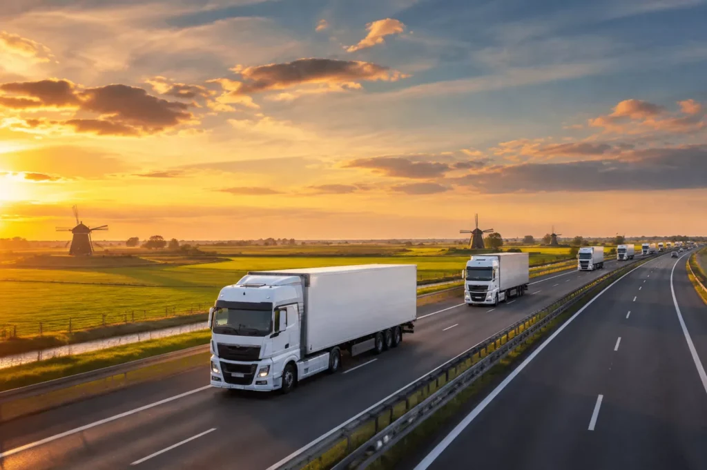The future of European road transport with modern trucks on highway