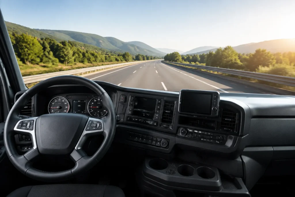 Professional truck driver cabin interior with CE category vehicle dashboard